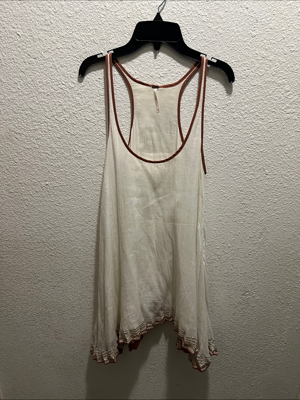 Free People Cream Handkerchief Hem Tank with Brown Trim